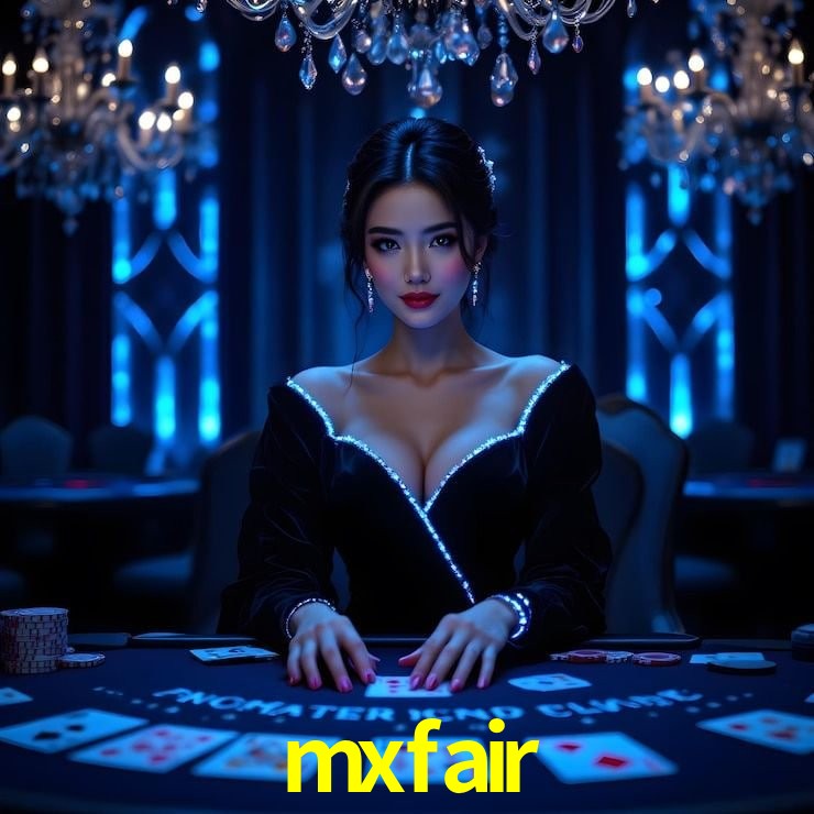 Escena dinámica inspirada en casino con iluminación mxfair, cartas, fichas e íconos de juegos digitales en un espacio moderno de juegos.