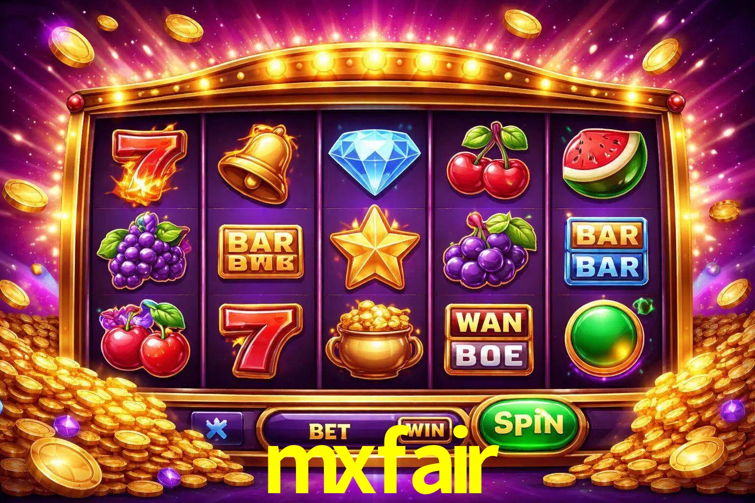 Una interfaz colorida de tragamonedas en línea con símbolos brillantes, monedas y un efecto de victoria celebratoria en mxfair.