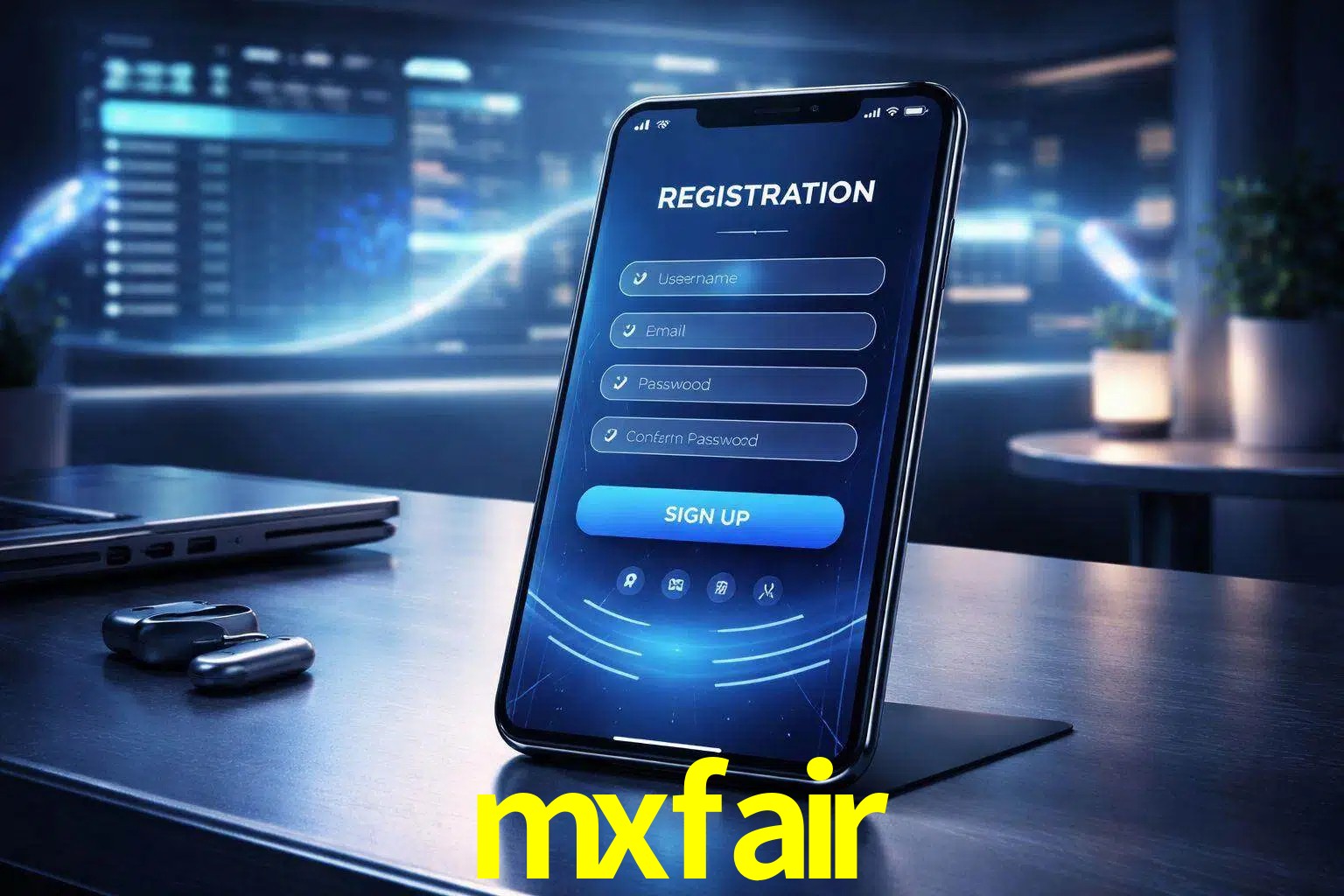 Una interfaz moderna de registro móvil para mxfair mostrada en un smartphone con un panel de apuestas elegante.